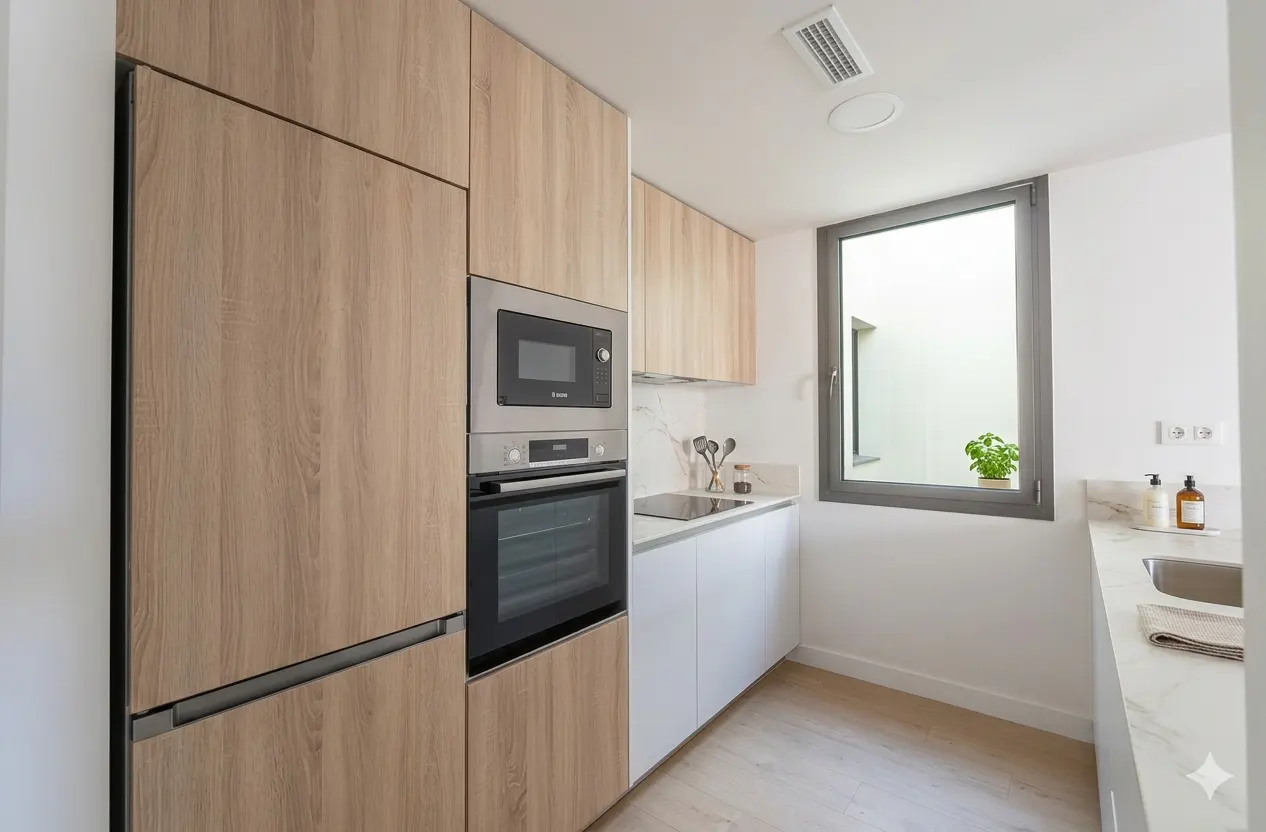 Modern kitchen with light wood cabinets, stainless steel built-in oven and microwave, white countertops, and a window.