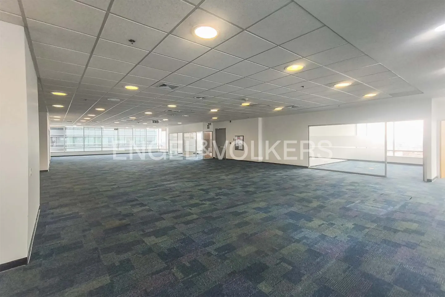 A large, empty office space with blue and green patterned carpet, white walls, and large windows.