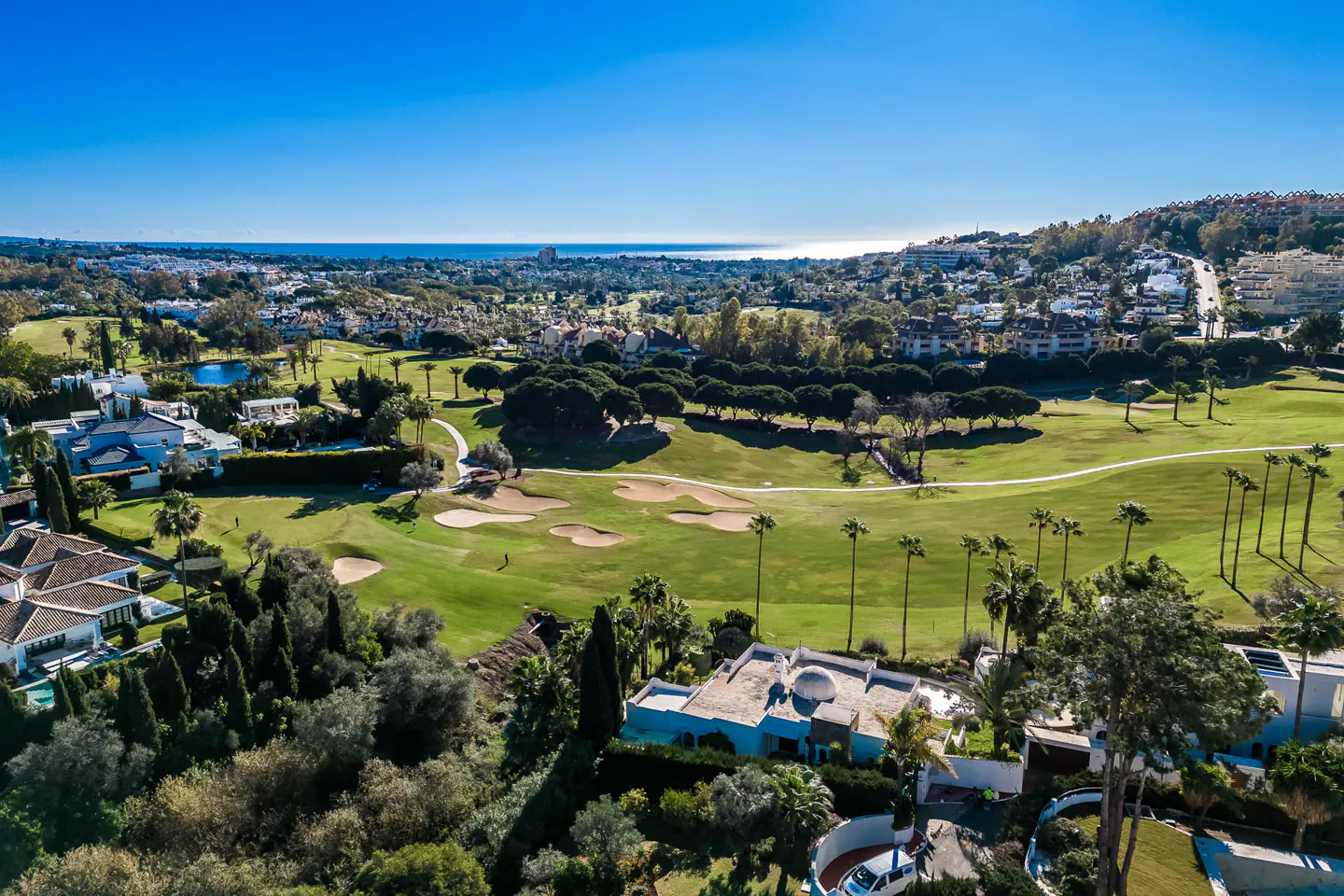 Aerial view of a green golf course with palm trees, houses, and the ocean in the background under a clear blue sky.