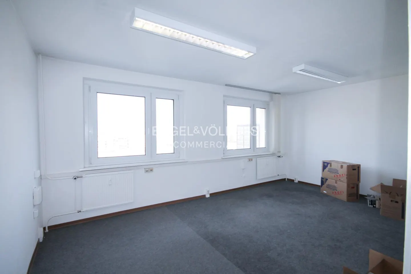 Bright, empty office space with gray carpet, white walls, and two windows. Boxes are stacked in the corner.