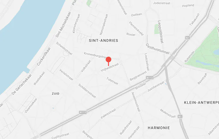 Map of Sint-Andries neighborhood, Antwerp, Belgium, with a red pin on Vrijheidstraat.