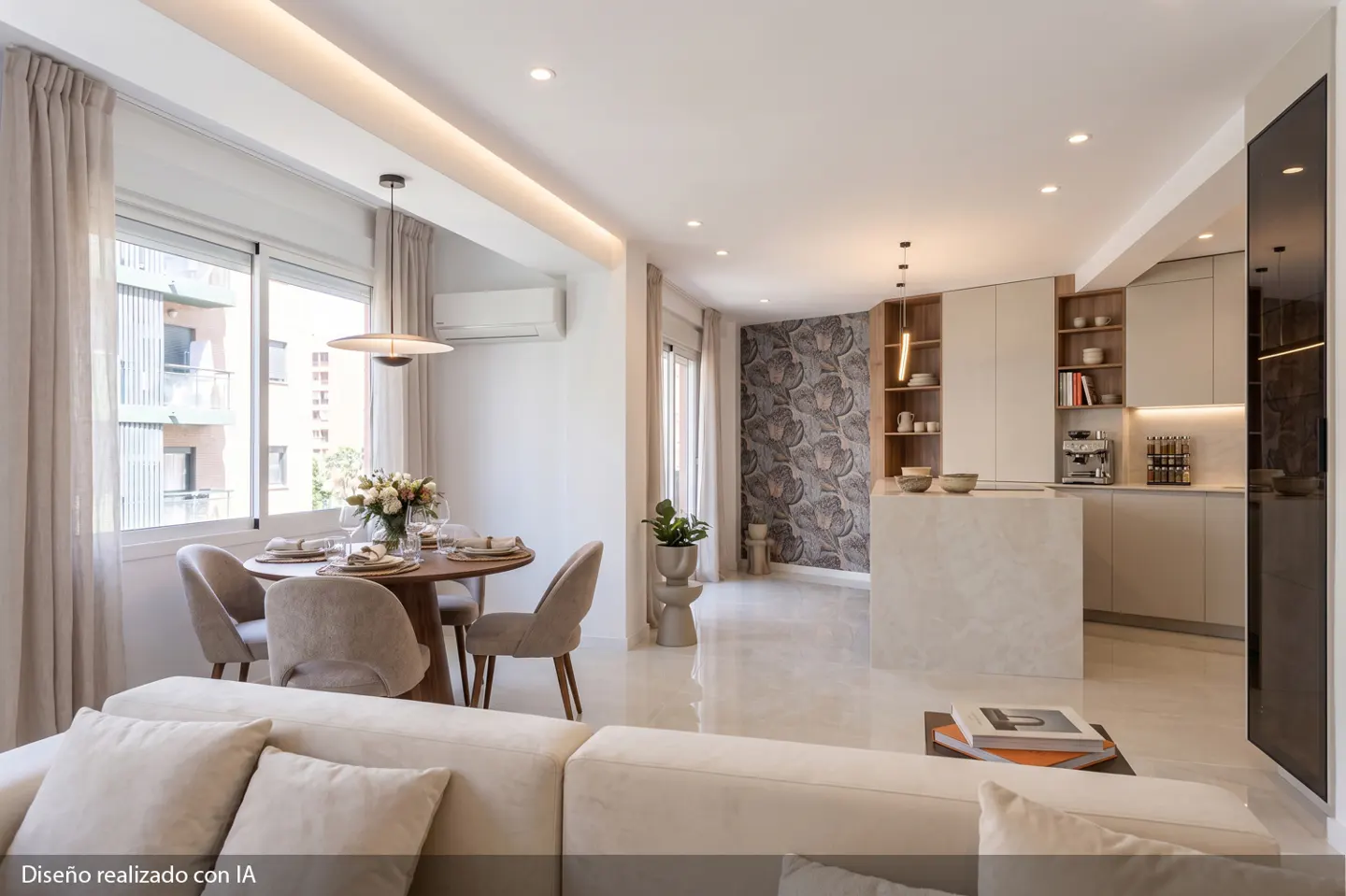 Modern open-plan living area with a beige sofa, round dining table, and a kitchen featuring a marble island and floral wall.