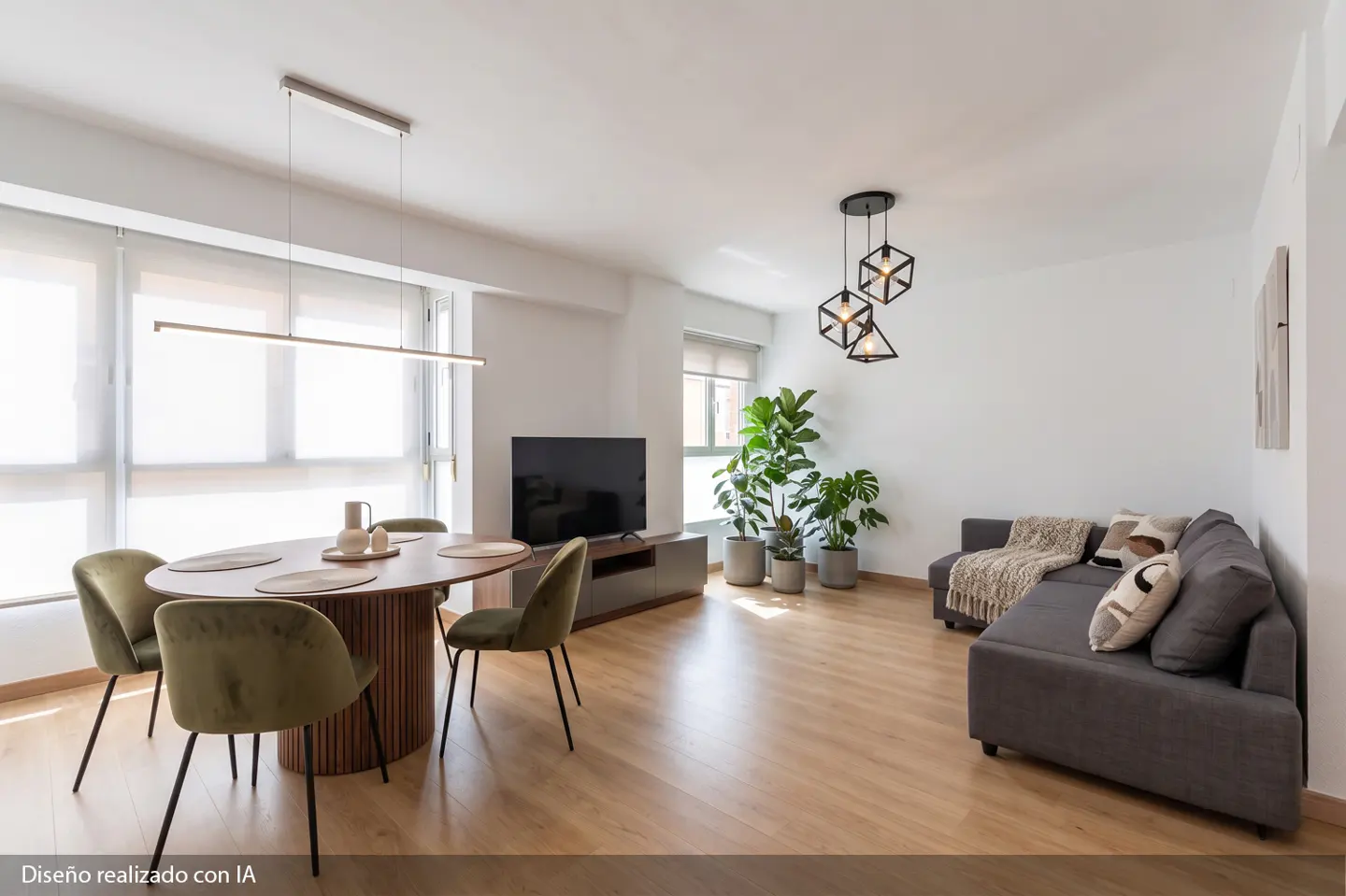 Bright living room with wood floors, a gray sofa, and a wood dining table with green chairs. Potted plants and modern lighting add to the decor.