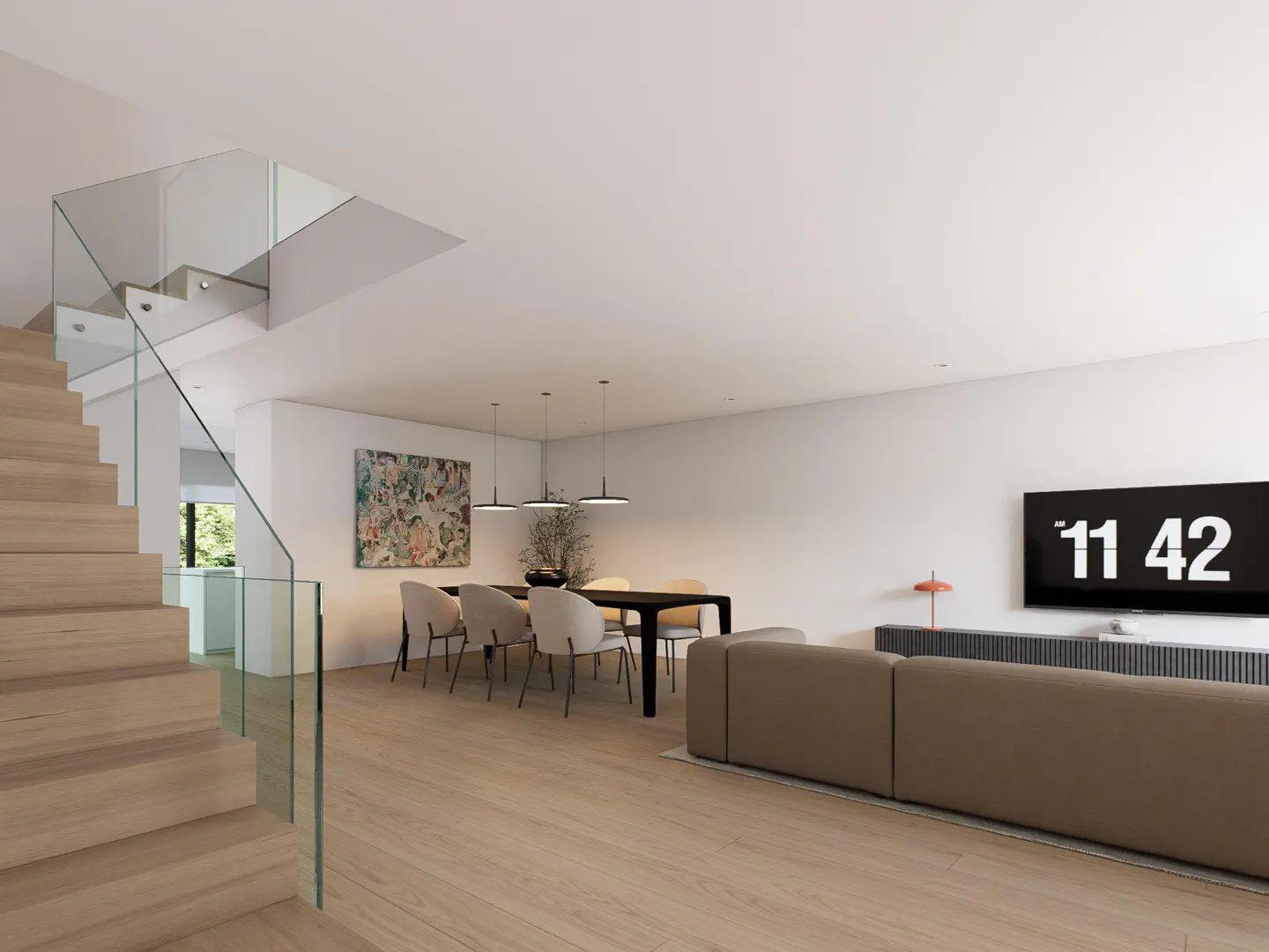 Bright, modern living room with wood floors, a dining table with chairs, a gray sofa, and a large digital clock on the wall. Stairs with glass railing.