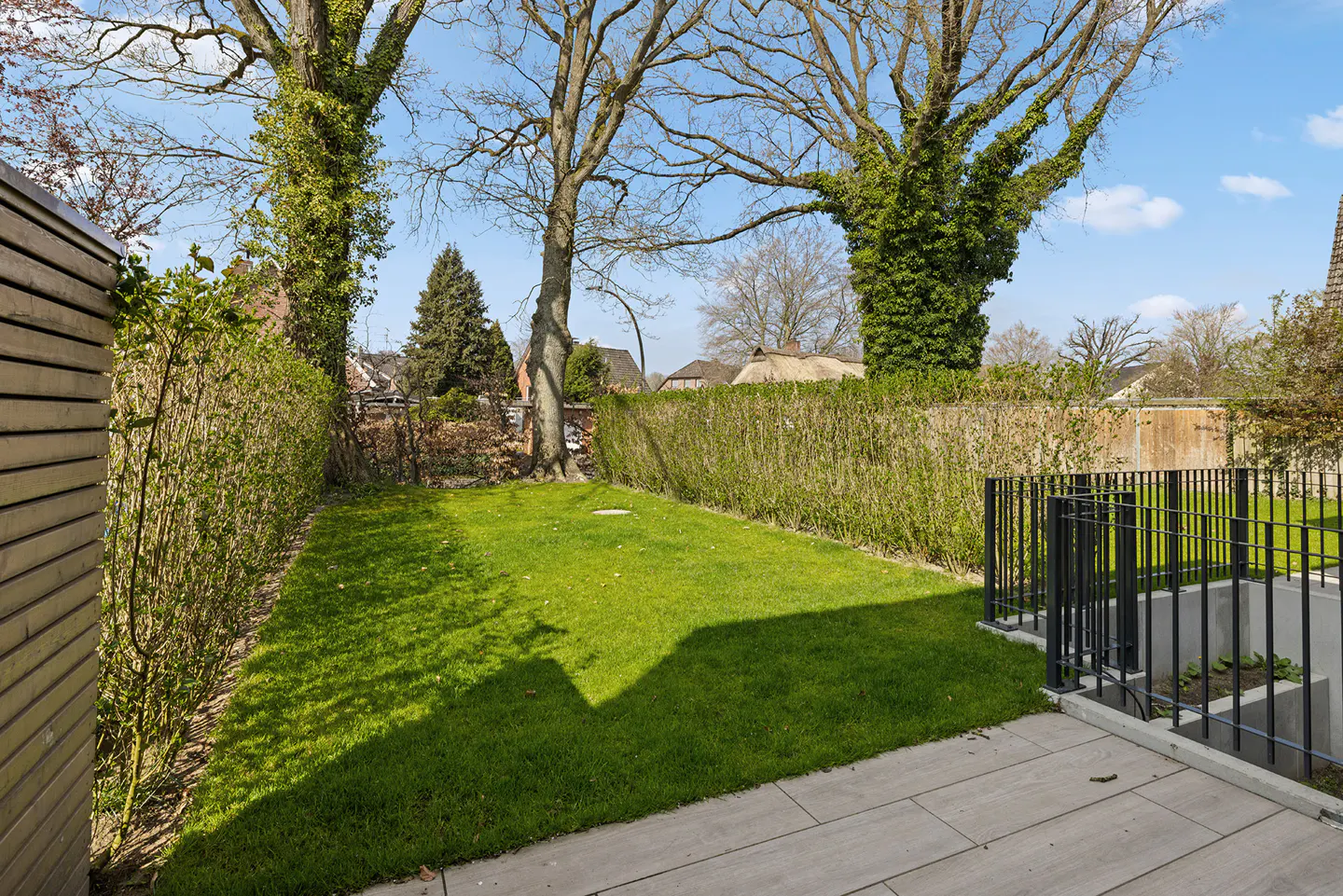 A backyard with a green lawn, bordered by tall hedges and trees, under a blue sky. A patio with a black metal railing is visible.