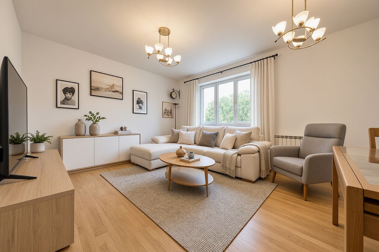 Bright living room with a beige sectional, grey armchair, wooden coffee table, TV, and light wood floors.