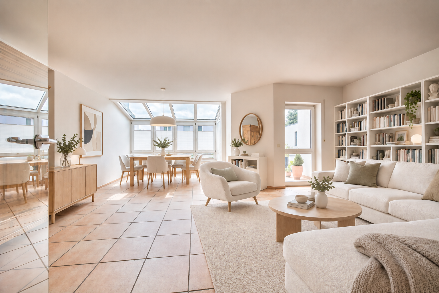 Bright, open-concept living and dining area with cream furniture, tiled floors, large windows, and a built-in bookshelf. [AI-generated text]