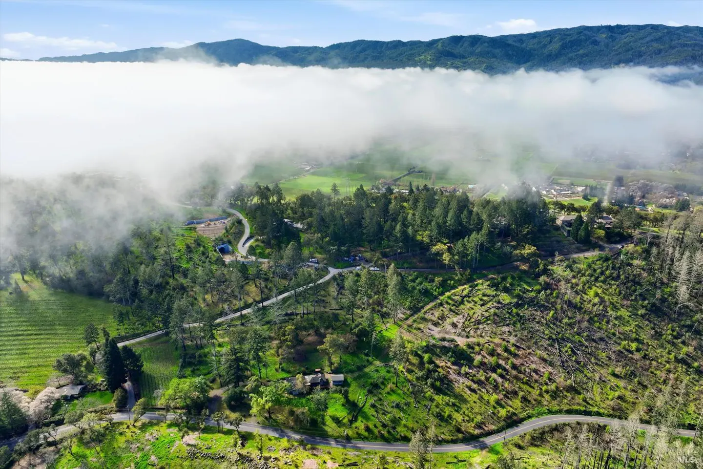 Aerial view of a green valley with fog rolling in, mountains in the background, and winding roads.
