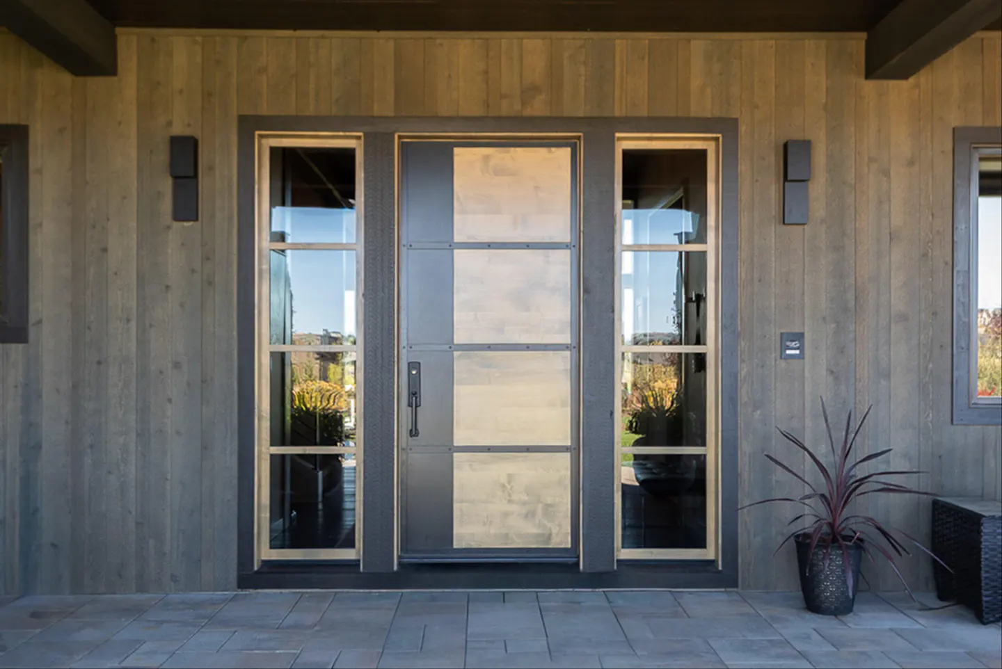 Front door of a modern home with gray wood siding, black trim, and glass sidelights. A potted plant sits to the right of the door.