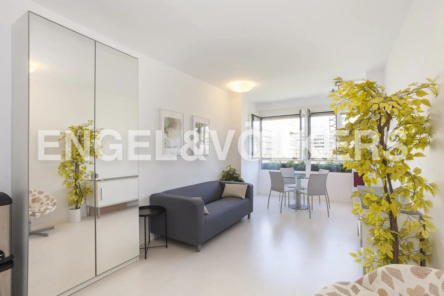 Bright living room with a grey sofa, mirrored wardrobe, dining area with glass table, and two large decorative plants.