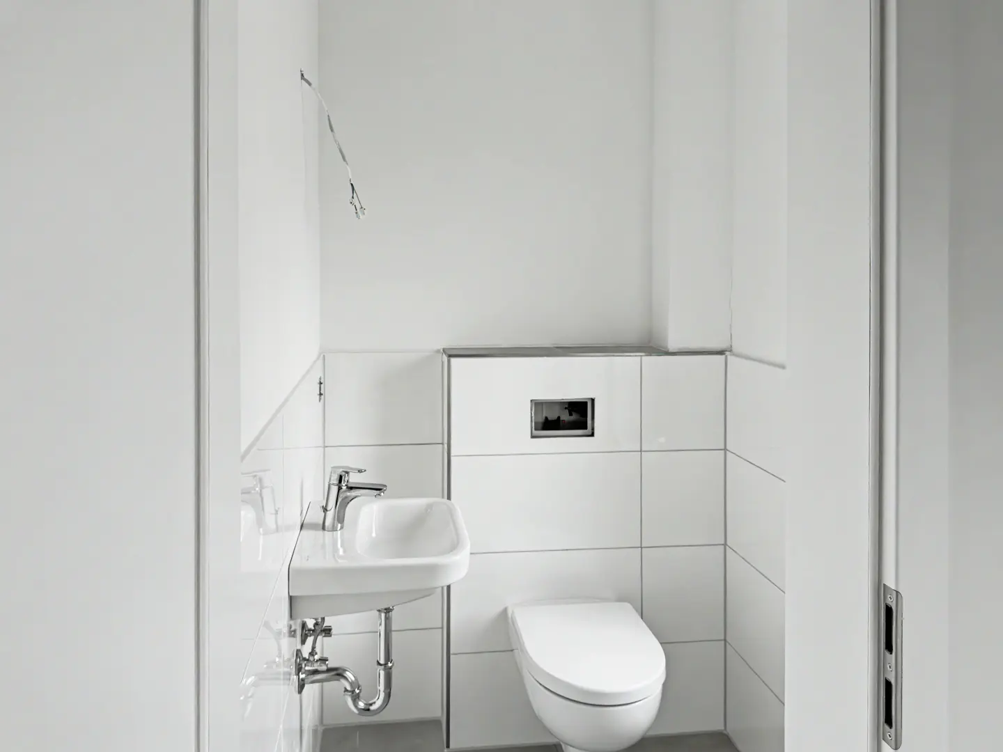 A minimalist white bathroom featuring a wall-mounted toilet, a small sink with chrome fixtures, and white tiled walls.