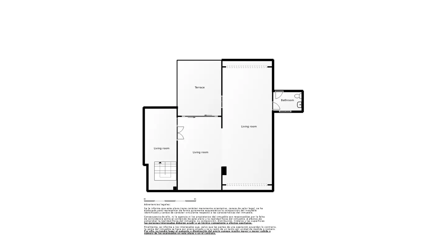 Black and white floor plan showing living rooms, terrace, and bathroom. The layout is simple and geometric.