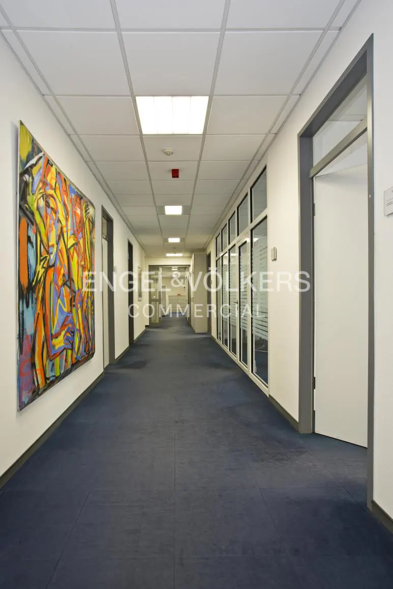 Long office hallway with blue carpet, white walls, and a colorful abstract painting on the left. Windows line the right side.