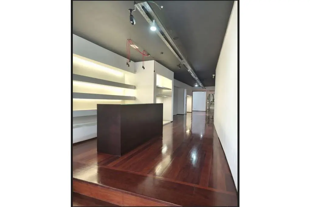 Interior view of a retail space with dark wood floors, a dark gray ceiling, and white walls. Shelves with lights are on the left.