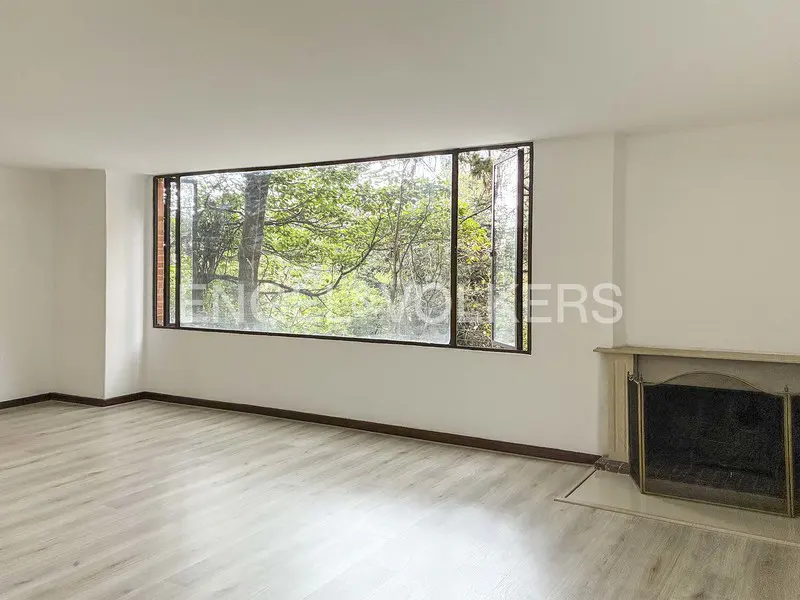 Bright, empty living room with light wood floors, a large window with a view of green trees, and a fireplace with a gold screen.