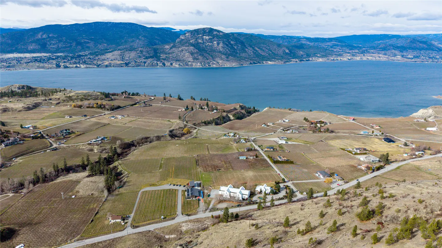 Aerial view of a vineyard with a white building, a blue lake, and mountains in the background.