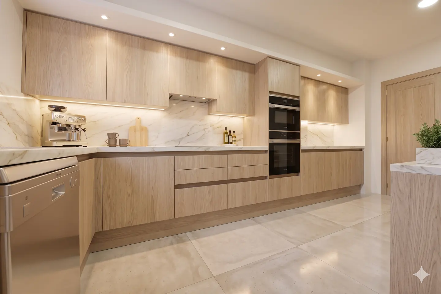 Bright kitchen with light wood cabinets, marble countertops and backsplash, stainless steel appliances, and light tile flooring.
