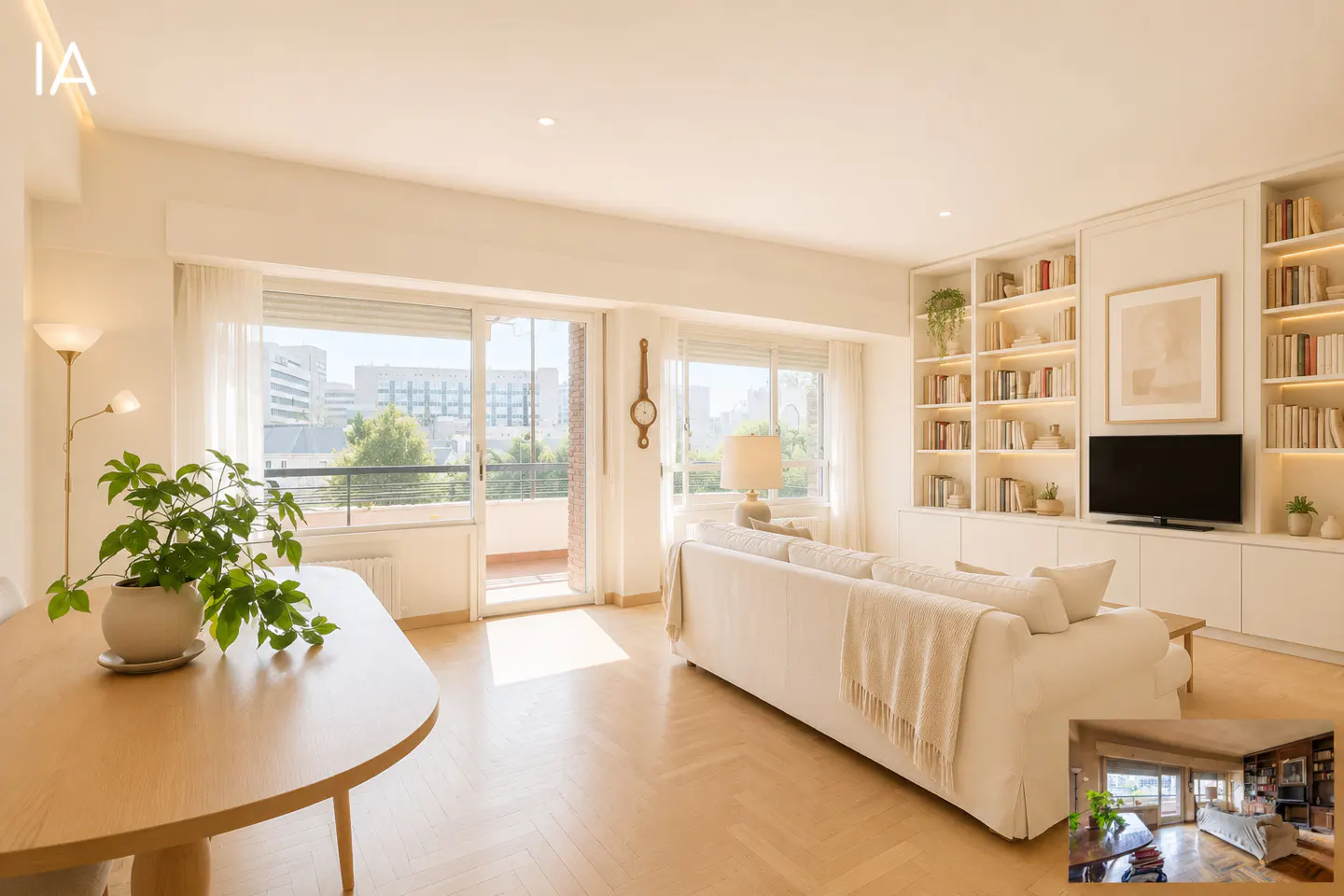 Bright living room with a white sofa, built-in bookshelves, and a wooden table with a plant. Balcony doors open to a city view.