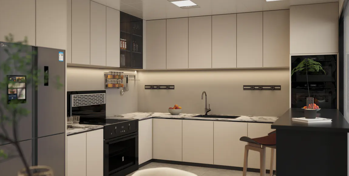 Modern kitchen with white cabinets, marble countertops, and stainless steel appliances. A black oven and bar add contrast.
