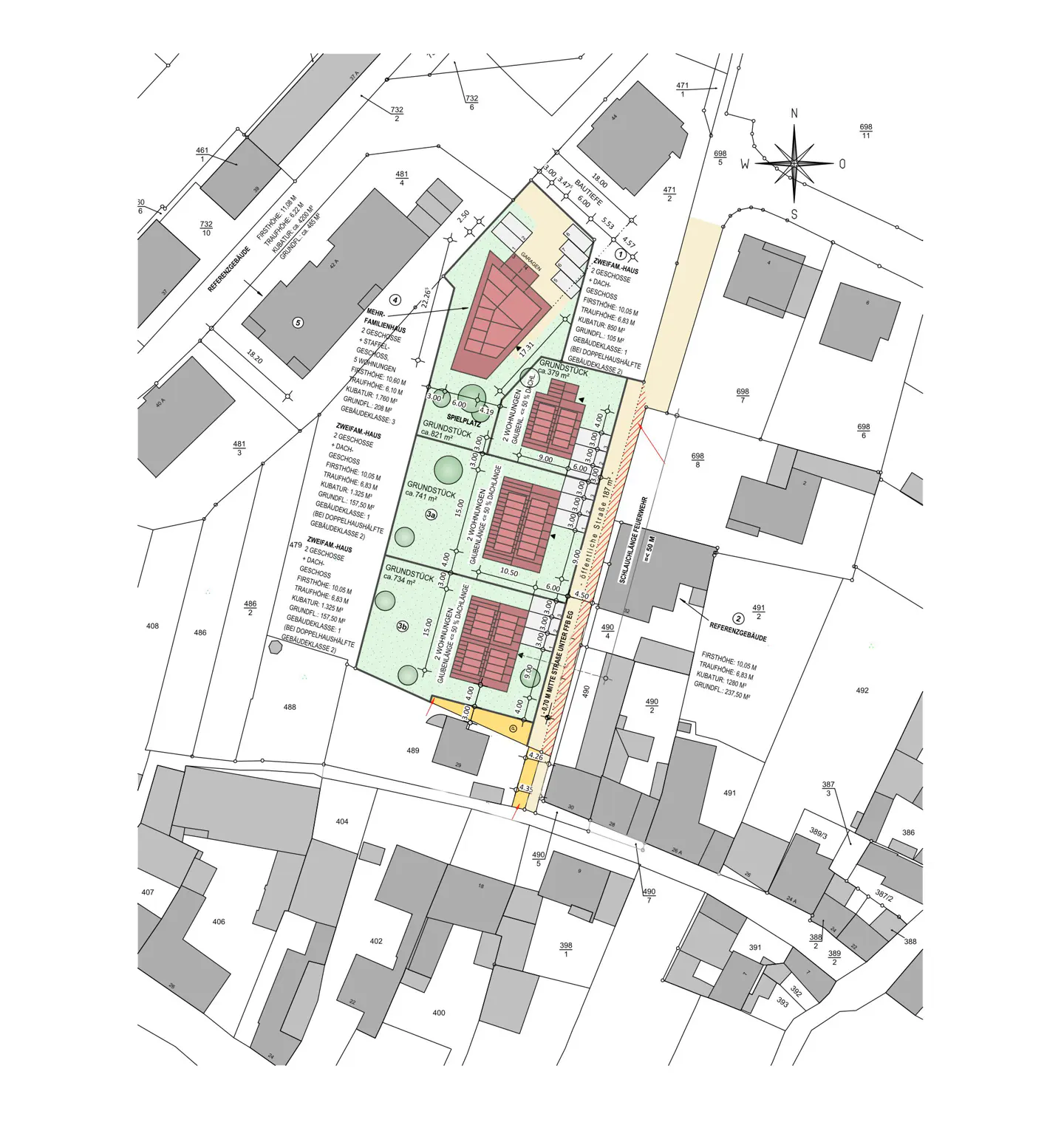 Real estate site plan showing building footprints, lot lines, and street layout. Red buildings are on green lots. Compass rose in upper right.