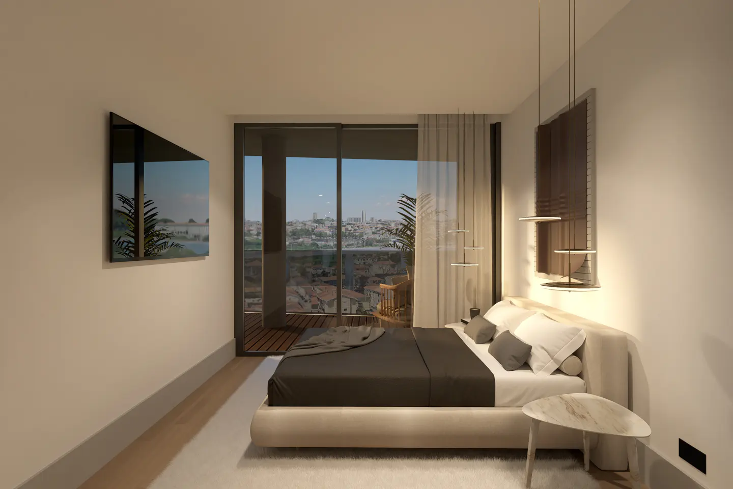 Modern bedroom with a king bed, marble side table, and a balcony overlooking a city. A black framed TV hangs on the wall.