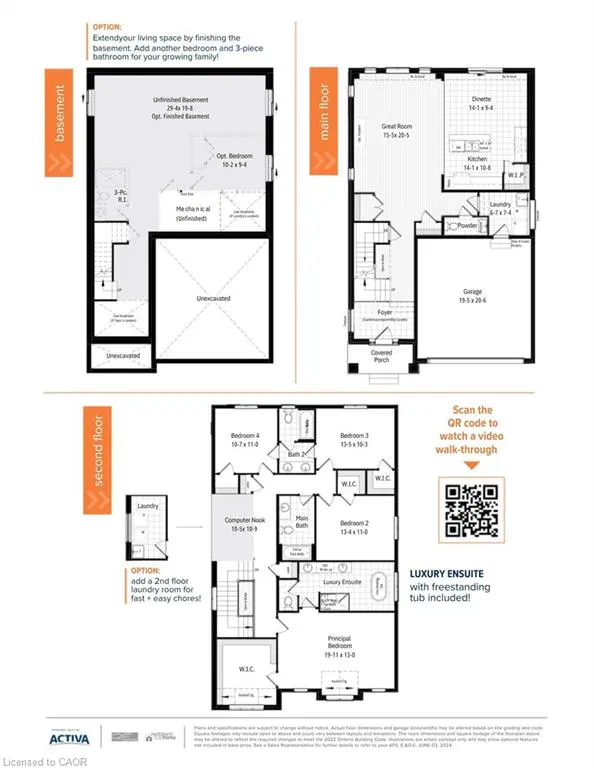 Floor plan showing the basement, main floor, and second floor layouts of a house, including room dimensions.
