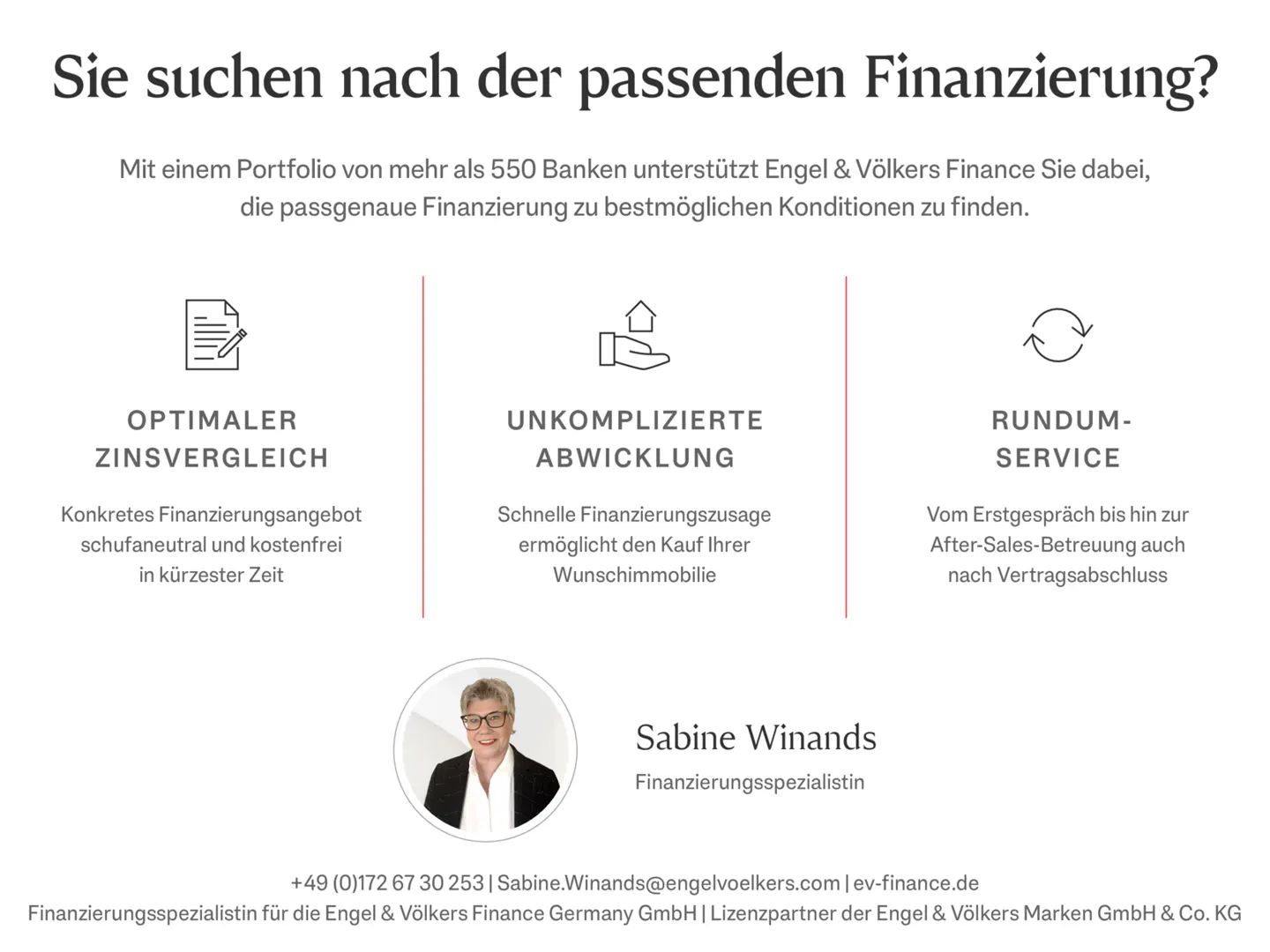 Engel & Völkers Finance ad: Sabine Winands, financing specialist, offers optimal interest rates and uncomplicated processing.