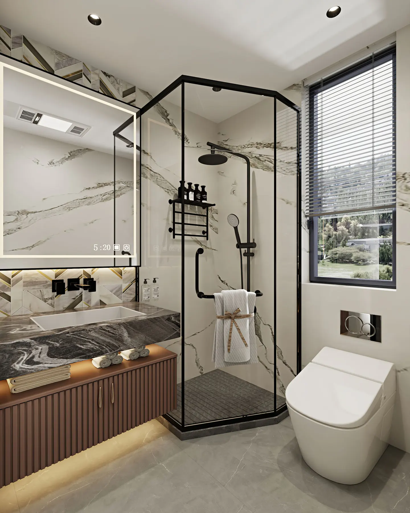 Modern bathroom with marble walls, black framed shower, and a white toilet near a window.