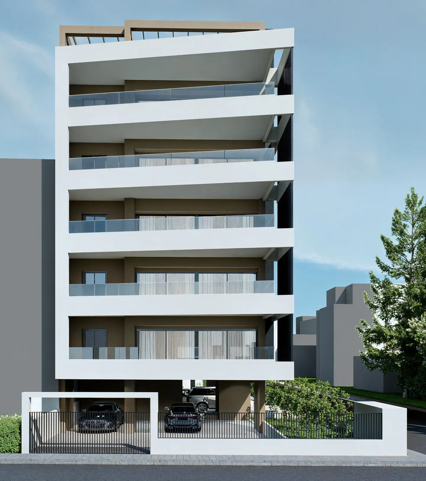 Modern six-story apartment building with white balconies and a gated parking area with two black cars.