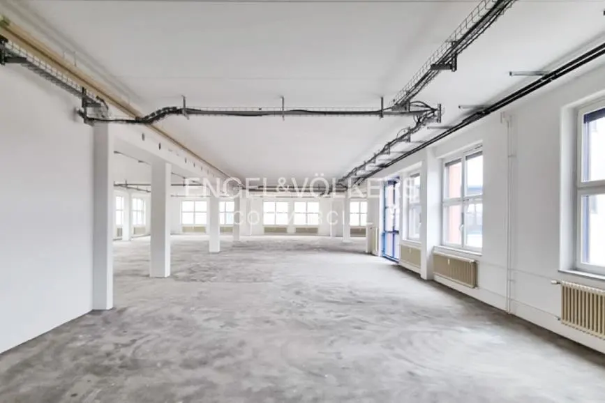 A bright, empty commercial space with white walls, concrete floors, and rows of windows. Overhead, black cable trays run along the ceiling.