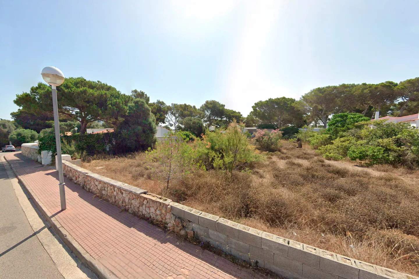 Vacant lot with dry grass, bordered by a stone wall and sidewalk. Trees and houses are visible in the background.