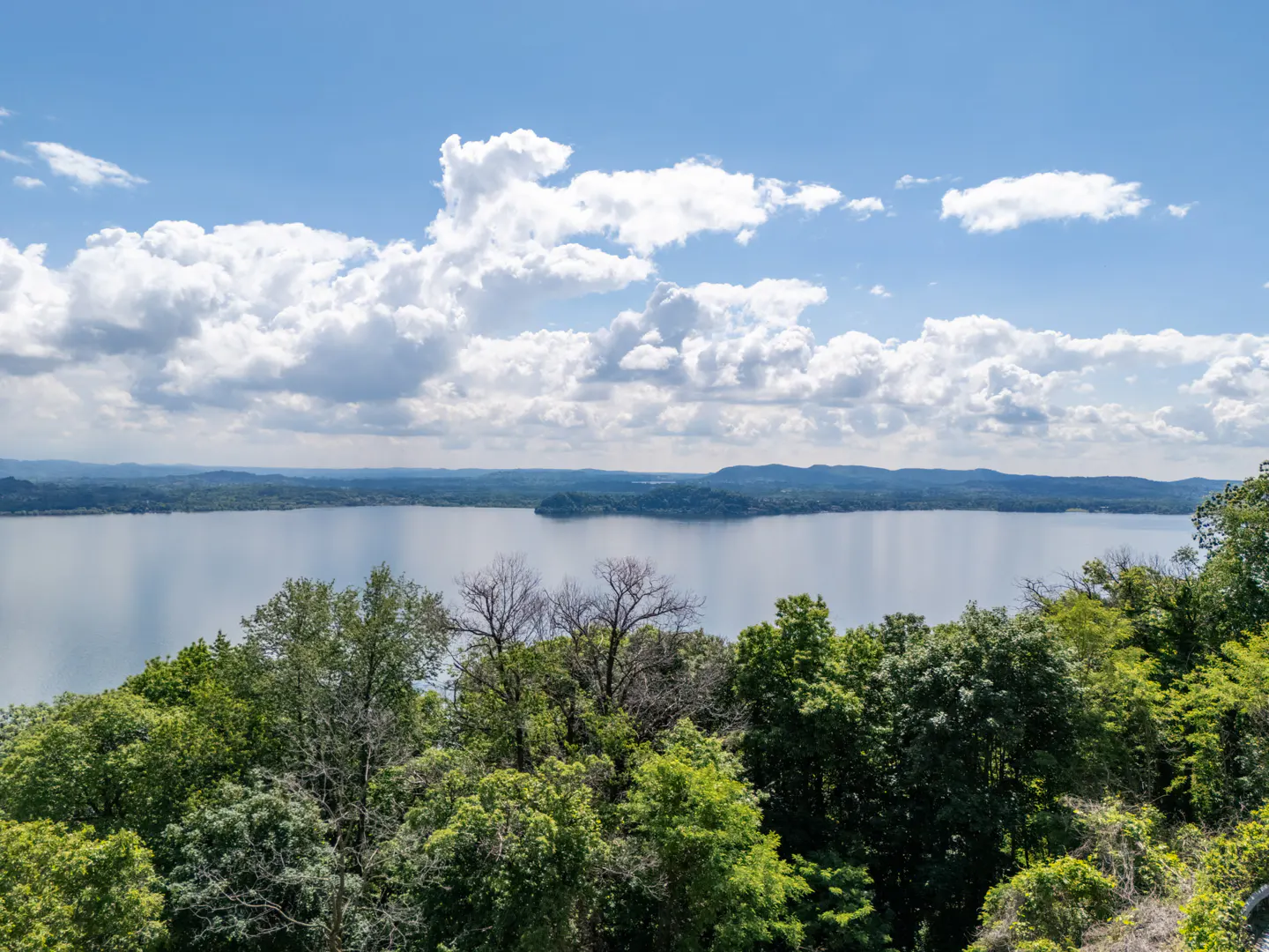 Scenic view of a wide lake surrounded by green trees under a blue sky with white clouds.