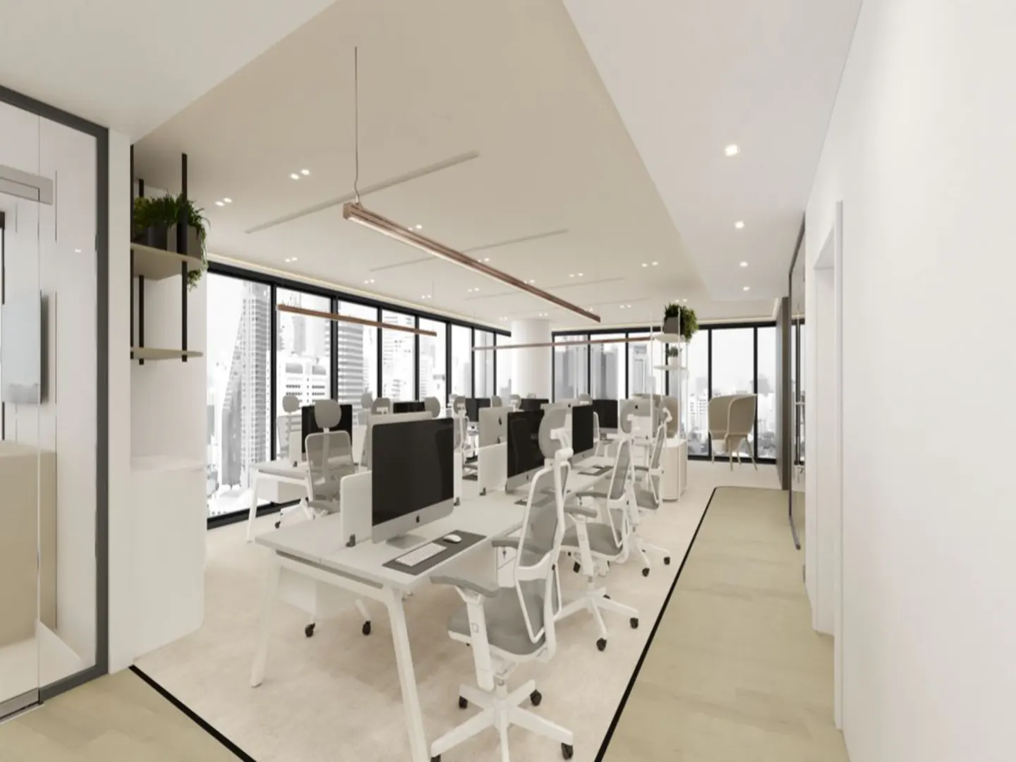 Bright, modern office space with white desks, gray chairs, and large windows overlooking a city skyline. Plants add a touch of green.