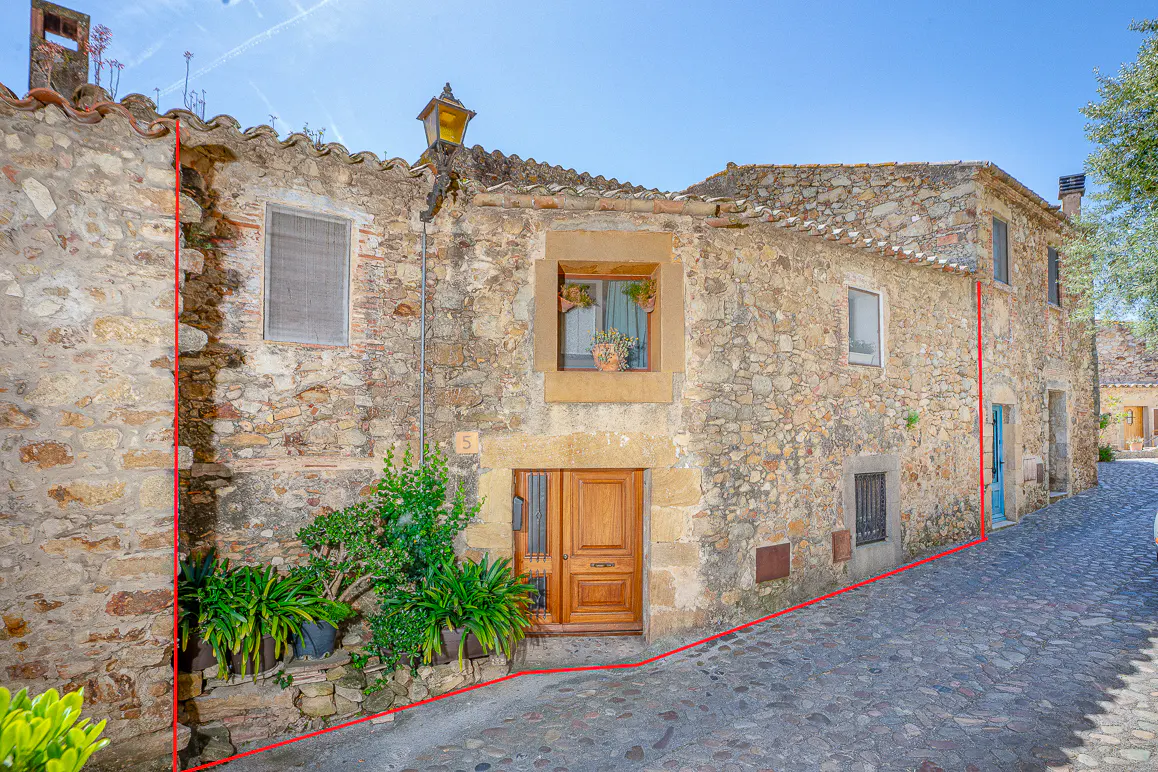 Exterior of a two-story stone house with a brown door, potted plants, and a cobblestone street.