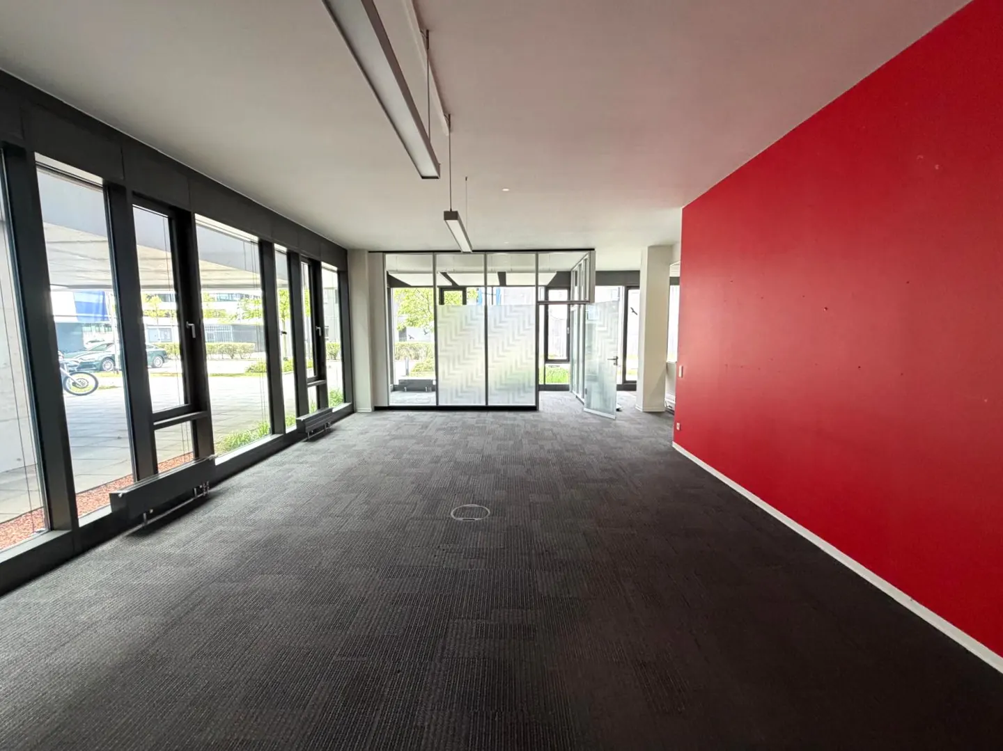Empty office space with black carpet, red wall, and glass-walled rooms. Large windows line one side of the room.
