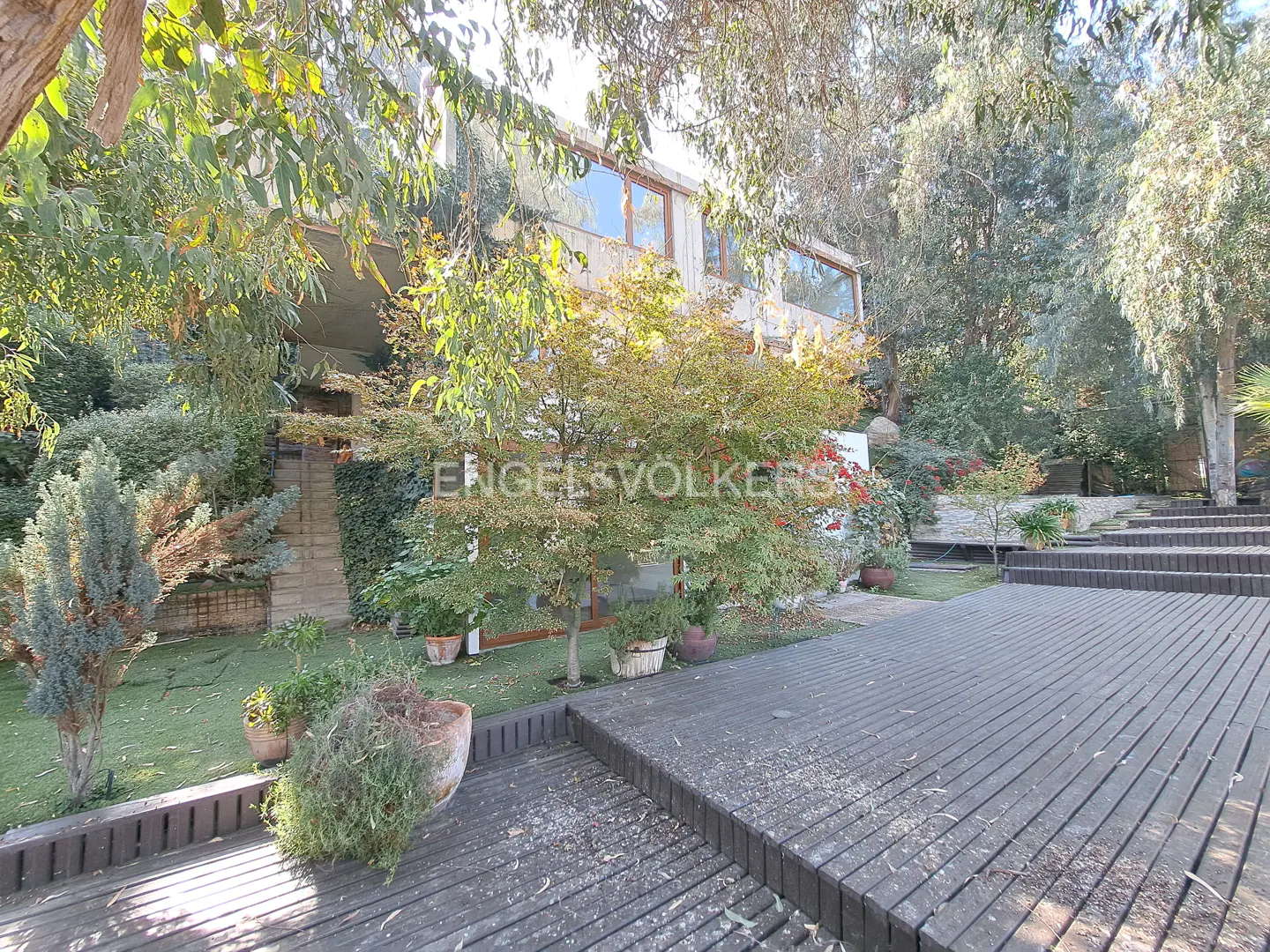 Exterior view of a modern home with a wooden deck, trees, and greenery. The house has large windows and a concrete facade.