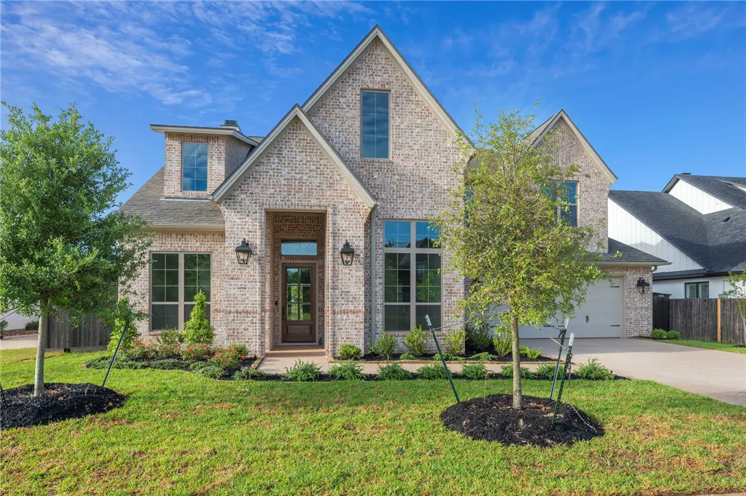 Two-story brick house with a dark wood front door, green lawn, and blue sky.