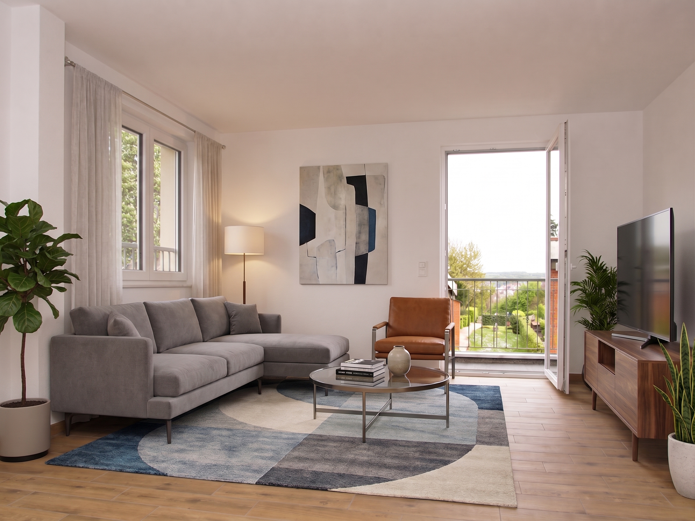 Modern living room with a grey sectional sofa, leather armchair, round coffee table, abstract art, and a balcony view. [AI-generated text] [AI-modified]