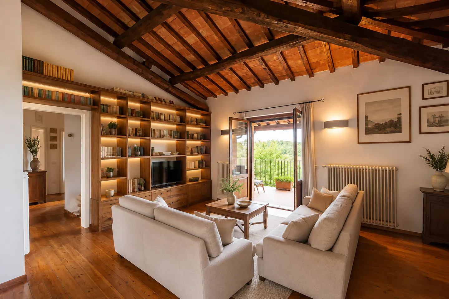 Living room with wood floors, beamed ceiling, and built-in bookcase. Two sofas face each other with a coffee table in between. Balcony with green view.