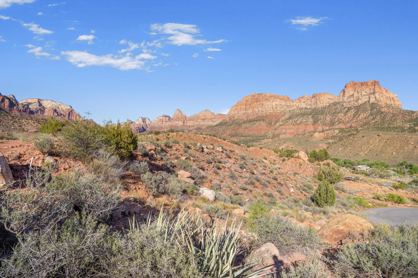 Scenic view of Zion National Park with red rock mountains, desert vegetation, and a clear blue sky.