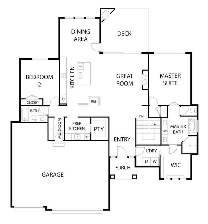 Floor plan of a house with a garage, kitchen, dining area, great room, master suite, and deck.