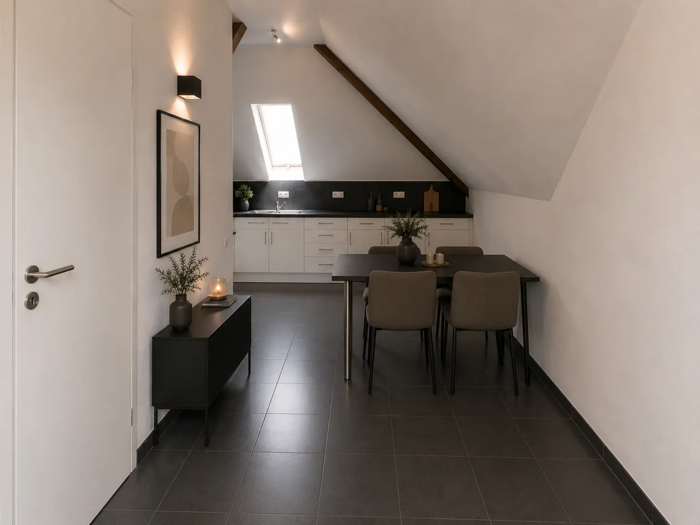 Attic apartment with white walls, dark tile floor, and a black dining table with four chairs. A small kitchen is visible in the background.