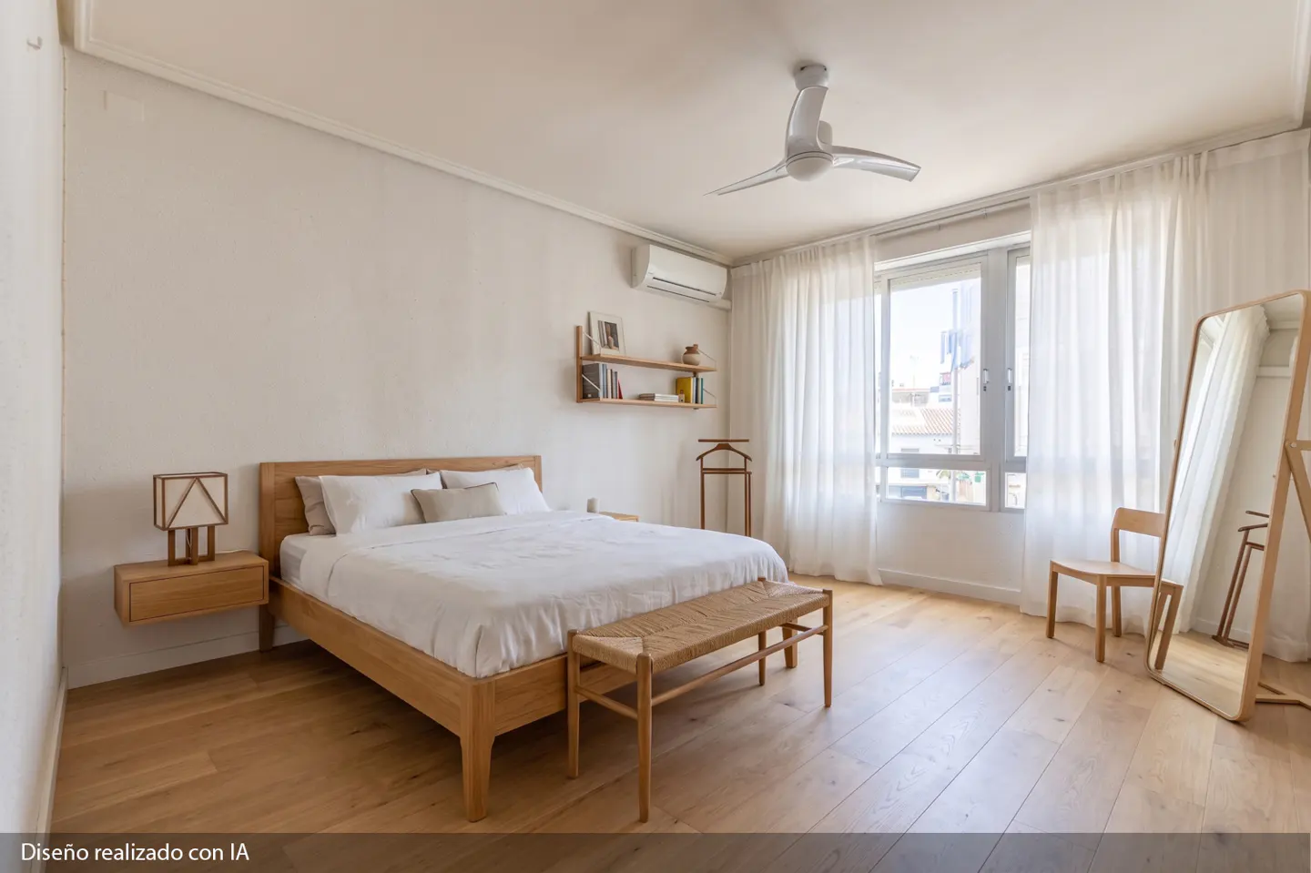 Bright bedroom with light wood floors, a bed with white linens, and sheer white curtains. A bench sits at the foot of the bed.