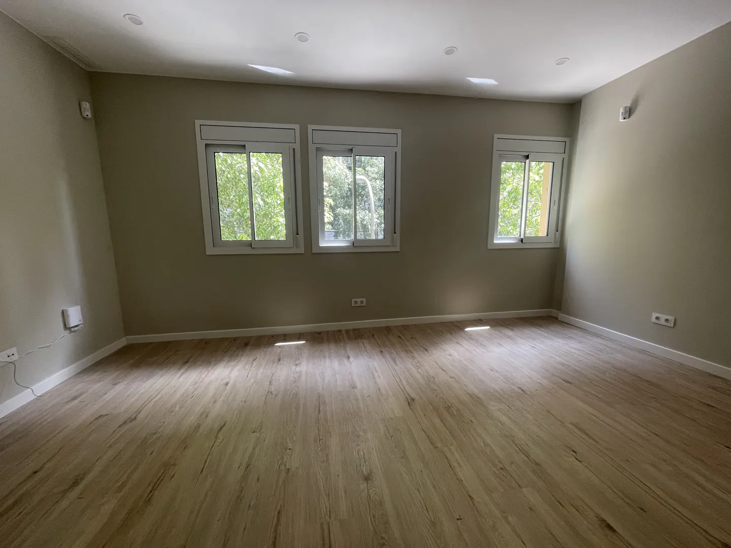 Empty room with light wood floors, beige walls, and three white-framed windows showing green trees outside.