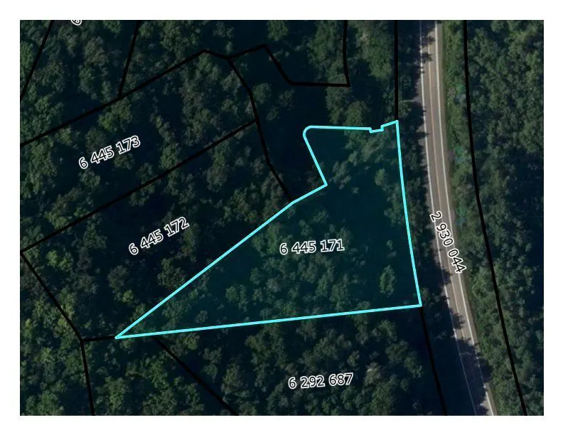 Aerial view of a wooded property outlined in blue, adjacent to a road. Parcel numbers are visible.