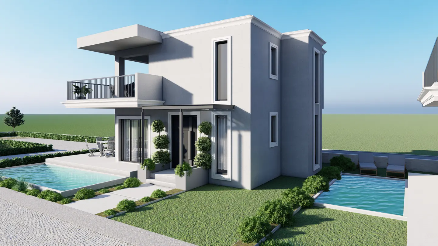 Modern two-story gray villa with a balcony, private swimming pool, and landscaped lawn under a clear blue sky.