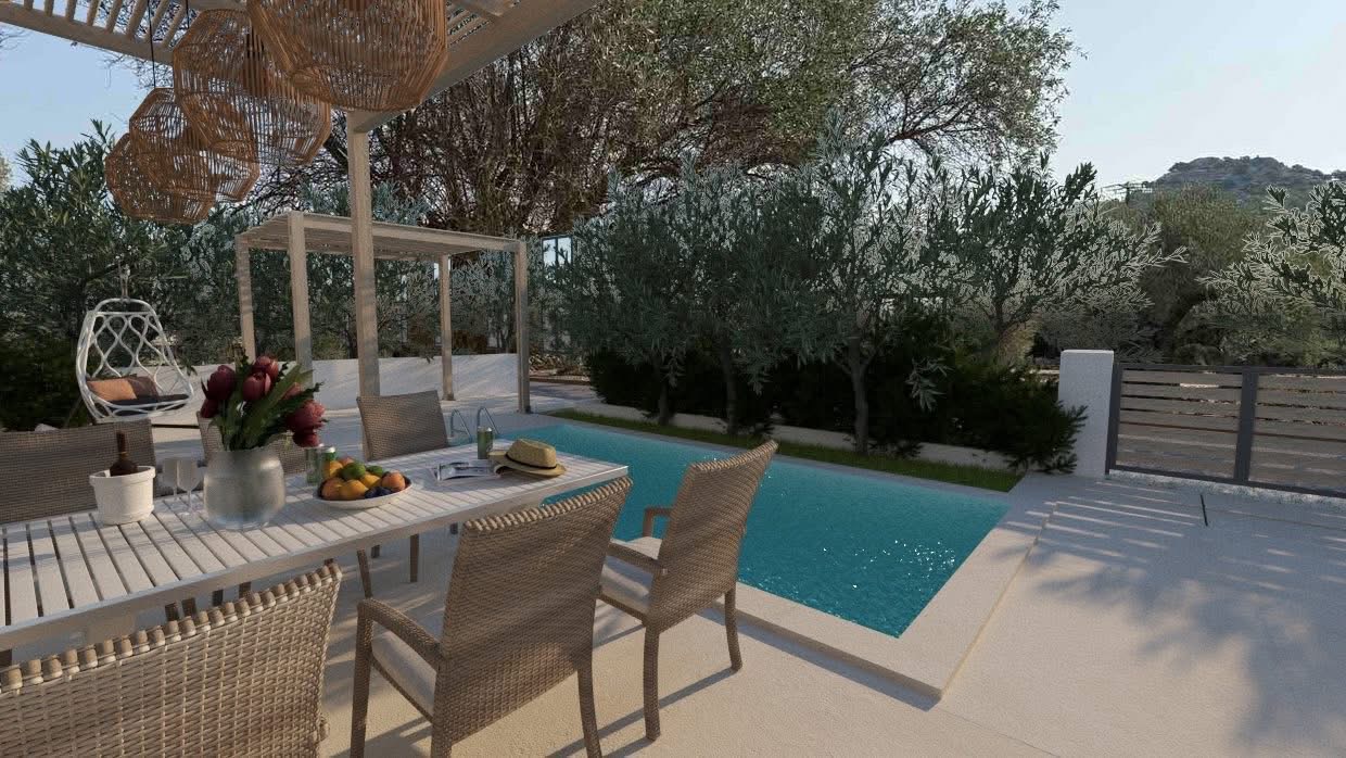 Outdoor dining area with a white table, wicker chairs, and a pool. Woven pendant lights hang above. Trees and a swing chair are in the background. [AI-generated text]