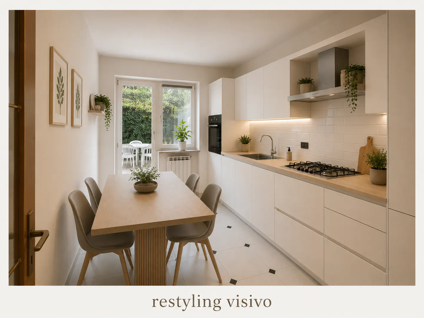 Bright kitchen with white cabinets, light wood counters, and dining table. Plants add a touch of green. A window overlooks a patio.