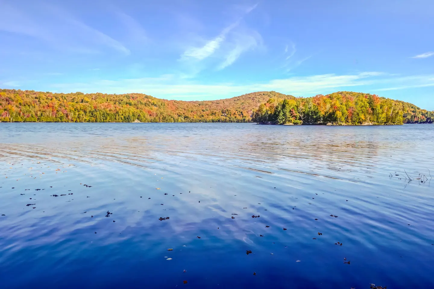 Lake view with autumn foliage. Blue water reflects the sky, with hills covered in colorful trees in the background.