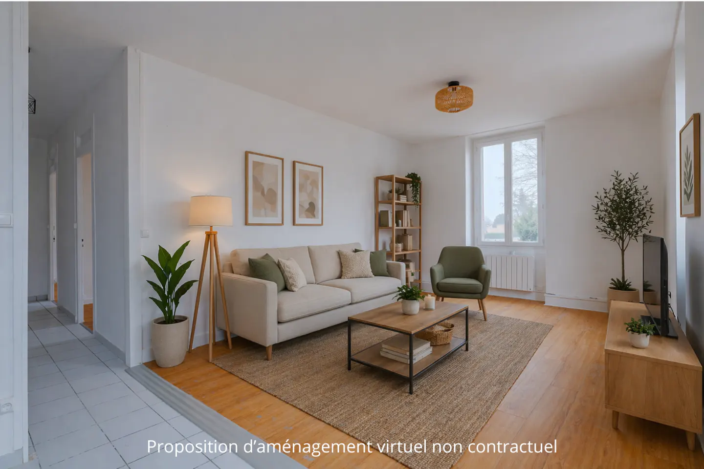 A bright living room with a beige sofa, green armchair, wood coffee table, and a jute rug on a wood floor. A window and plants add natural light and greenery.